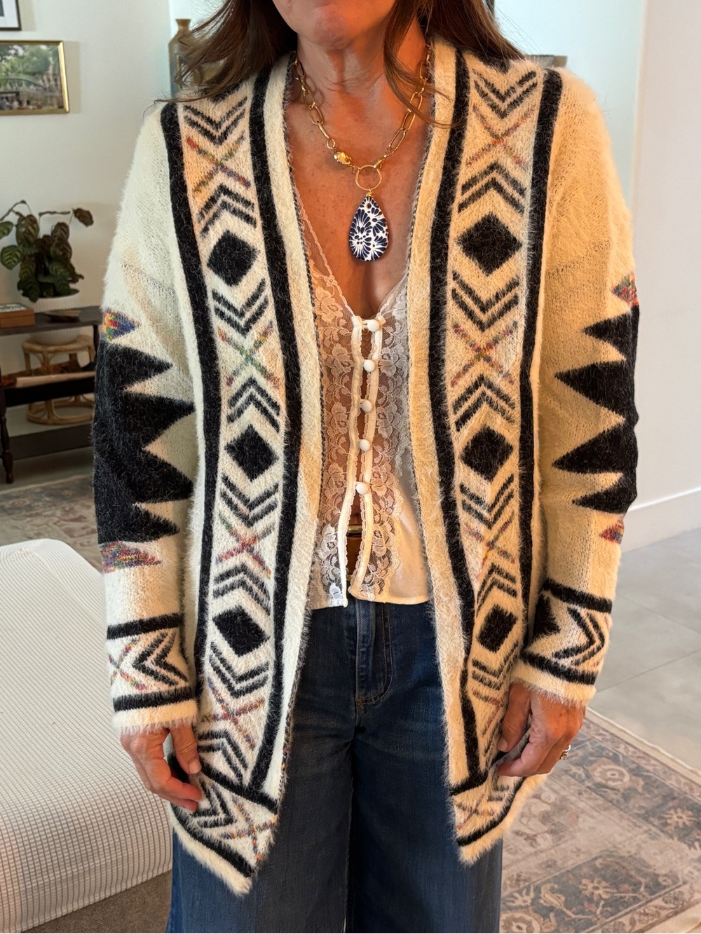 Ivory Open-Front Geometric Knit Cardigan Sweater